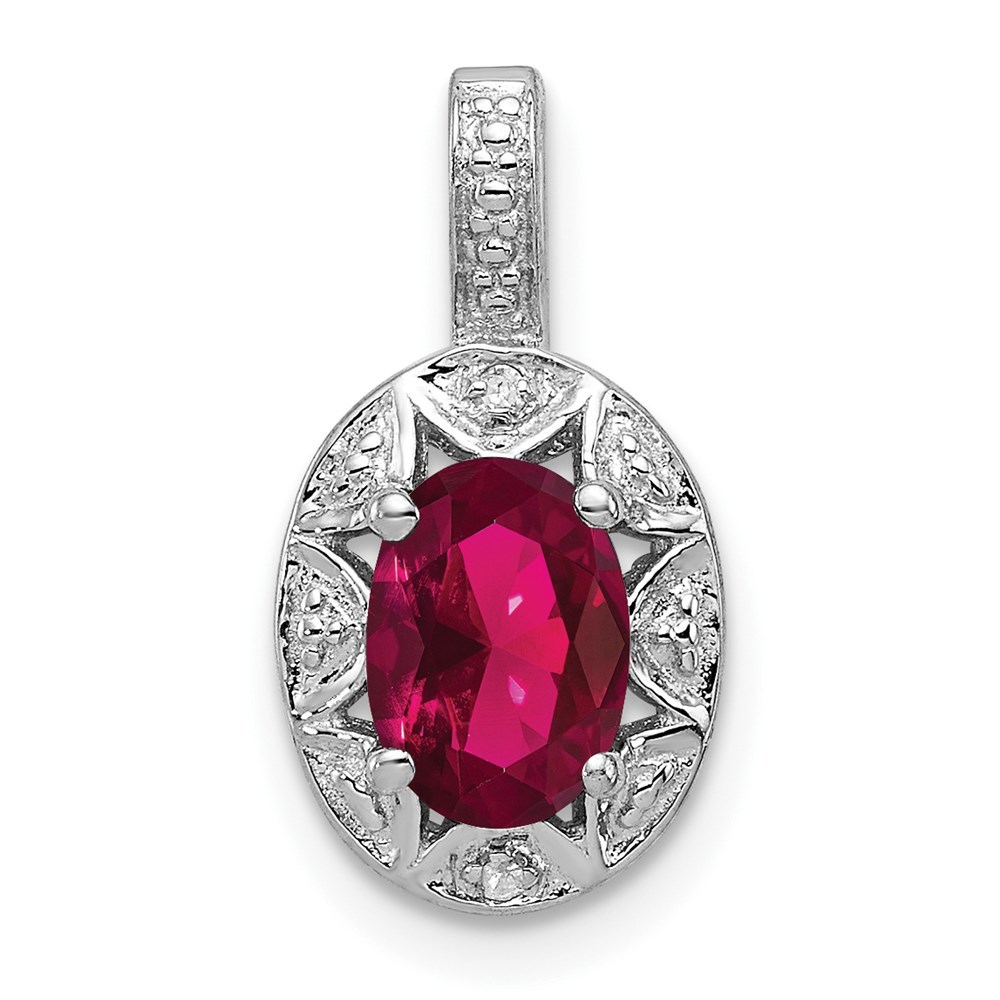 Sterling Silver Diamond & Created Ruby July Birthstone Necklace Charm Pendant